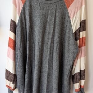 Maurices Gray and Pink Crew Neck Top with Striped Sleeves